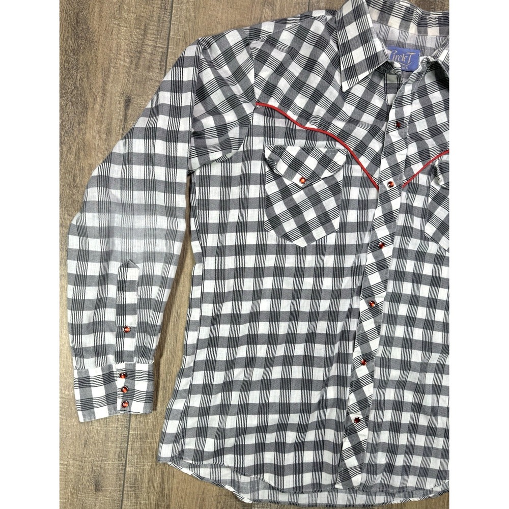 Vintage 1970s Circle T Red Piping Pearl Snap Plaid Western Shirt Mens L - Picture 4 of 12